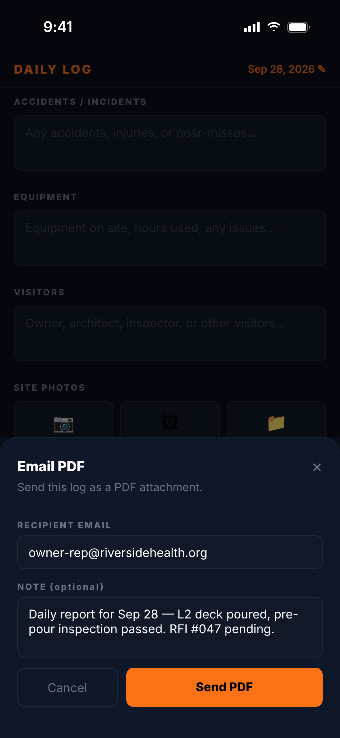 Export PDF & email — ProFieldHub screen